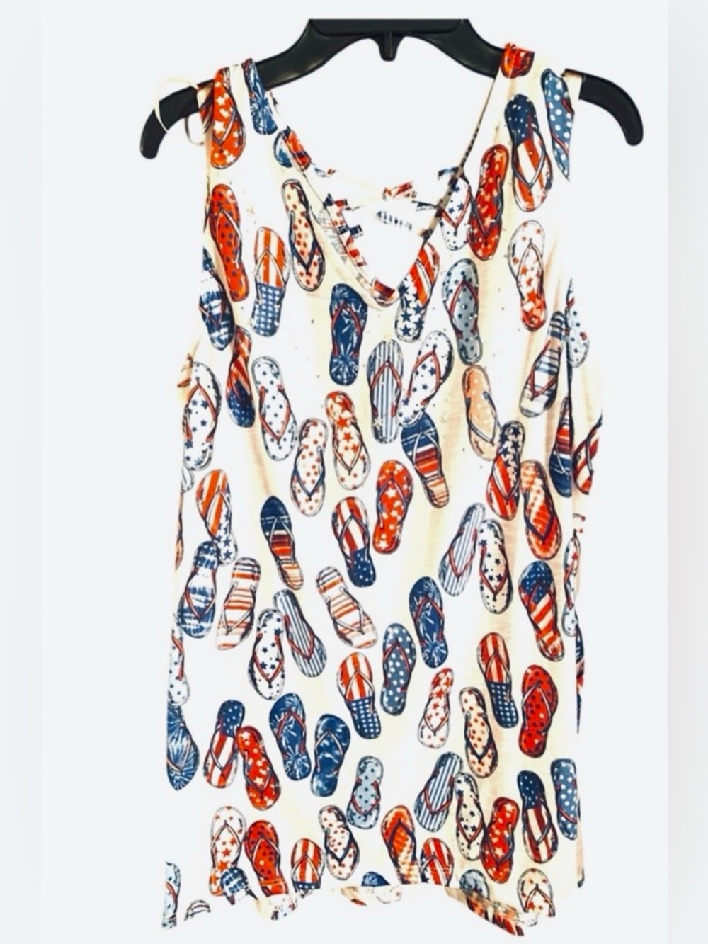 Thomas & Olivia (T/O) sleeveless tank top w/ patriotic flip-flop print NWT SZ L